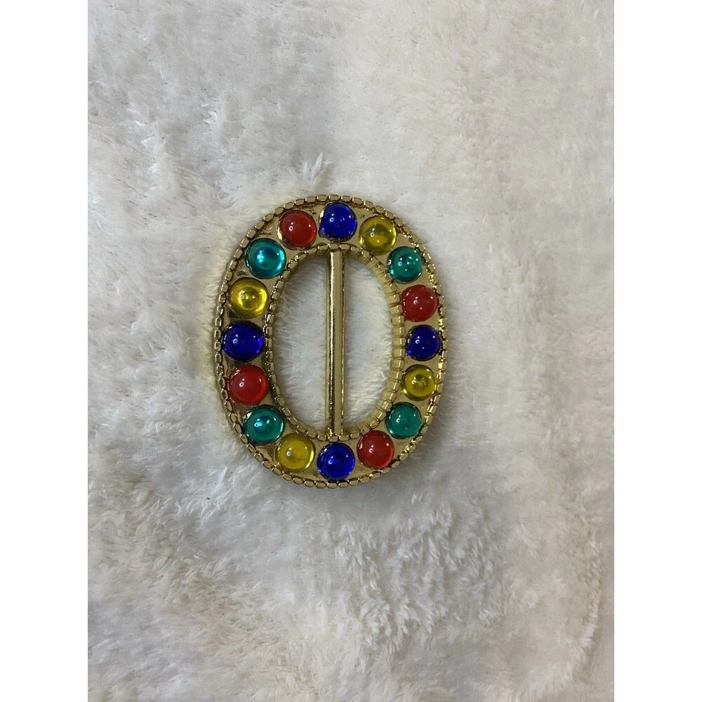 VTG 80s, 90s Plastic Gold Tone Oval Belt Buckle with Multi-Color Faux Gemstones